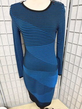 Michael Kors Blue and Black Striped Long Sleeve Bodycon Dress